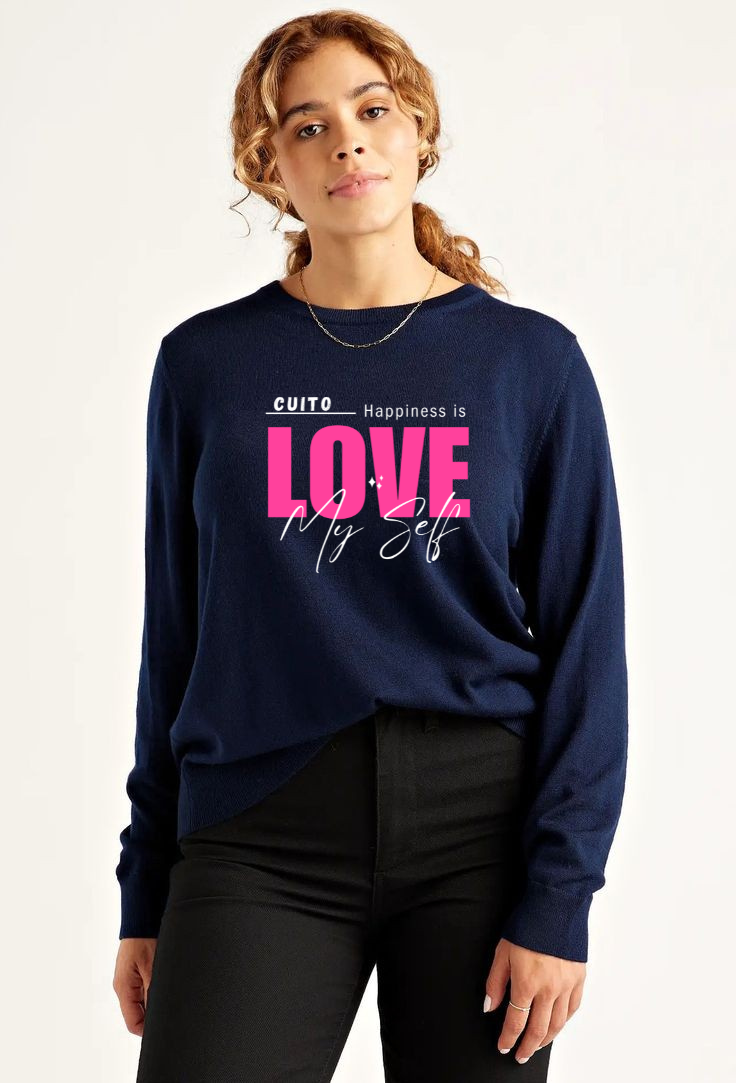 CUiTO™ Cotton Navy Blue Printed Love My Self Sweat Shirt 320 GSM