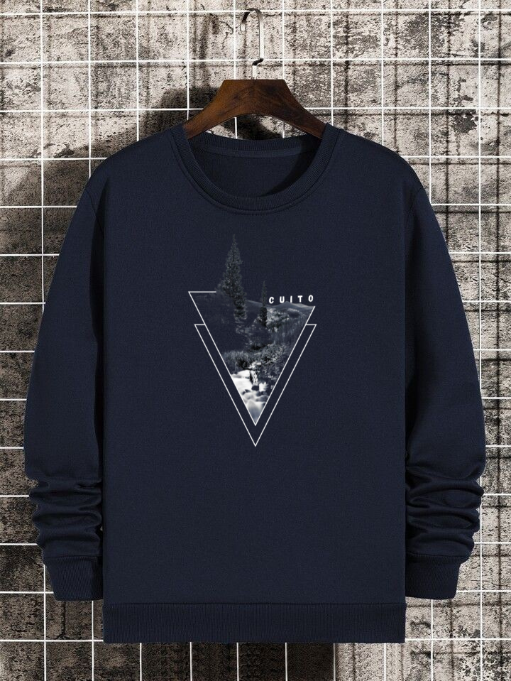 CUiTO™ Navy Blue Sweat Shirt 320 GSM Printed Tree Design